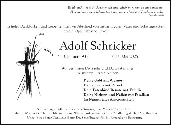 Traueranzeige von Adolf Schricker von Frankenpost