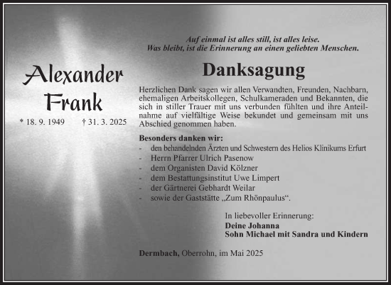 Traueranzeige von Alexander Frank von Südthüringer Presse