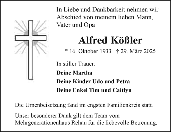 Traueranzeige von Alfred Kößler von Frankenpost