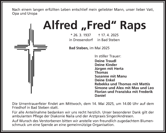 Traueranzeige von Alfred Raps von Südthüringer Presse