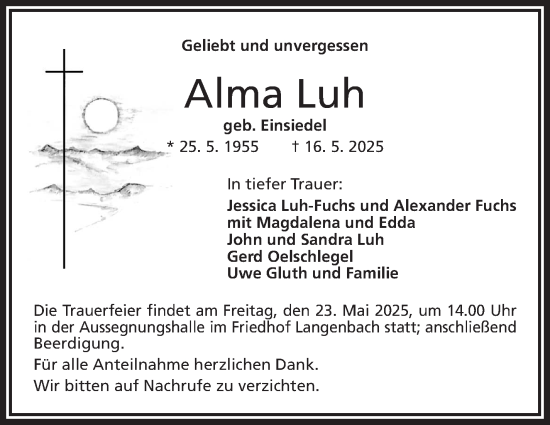 Traueranzeige von Alma Luh von Frankenpost