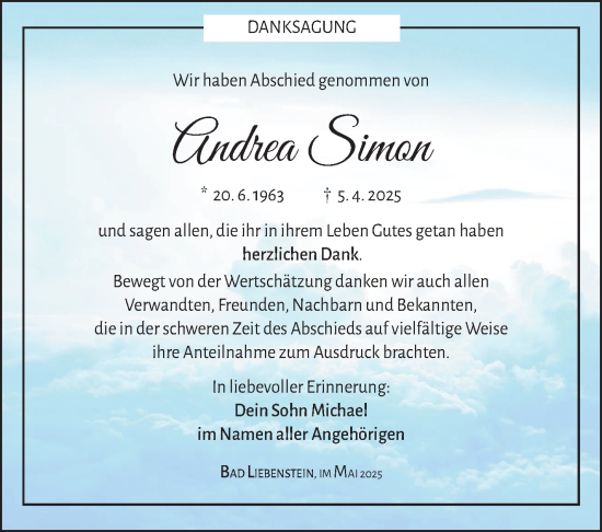 Traueranzeige von Andrea Simon von Südthüringer Presse