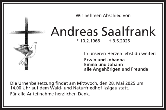Traueranzeige von Andreas Saalfrank von Frankenpost