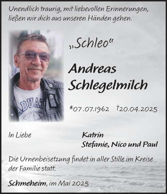 Traueranzeige von Andreas Schlegelmilch von Südthüringer Presse