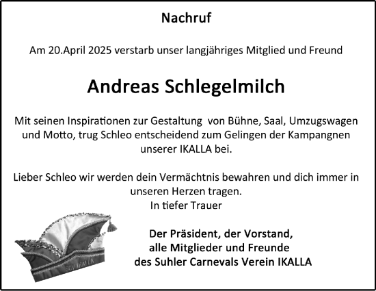 Traueranzeige von Andreas Schlegelmilch von Südthüringer Presse