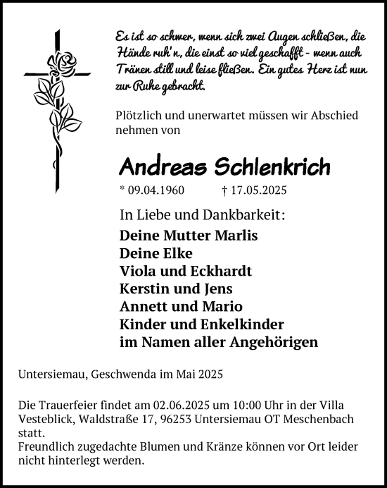Traueranzeige von Andreas Schlenkrich von Südthüringer Presse