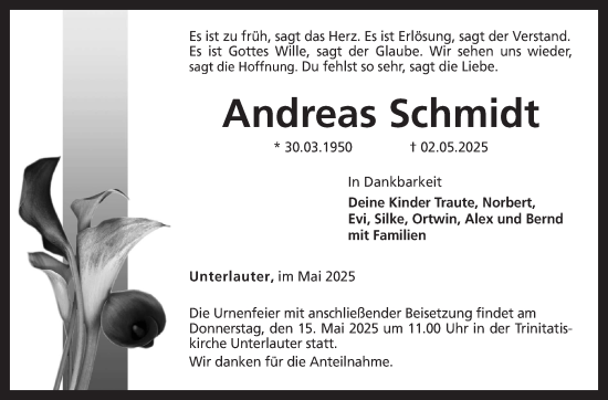 Traueranzeige von Andreas Schmidt von Neue Presse Coburg