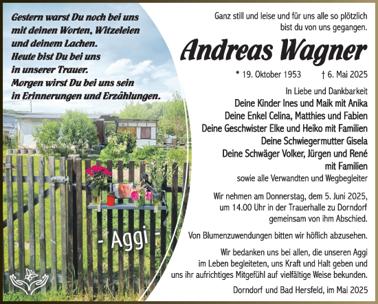 Traueranzeige von Andreas Wagner von Südthüringer Presse
