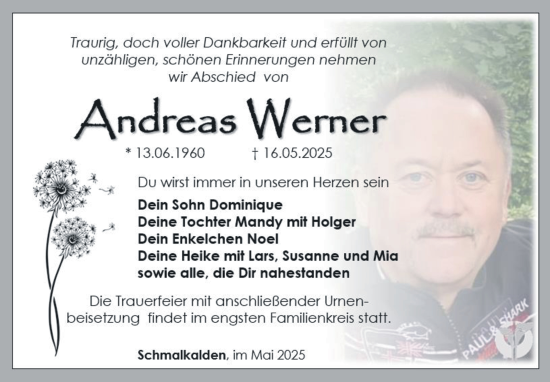 Traueranzeige von Andreas Werner von Südthüringer Presse