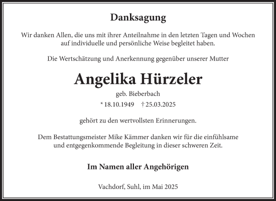 Traueranzeige von Angelika Hürzeler von Südthüringer Presse