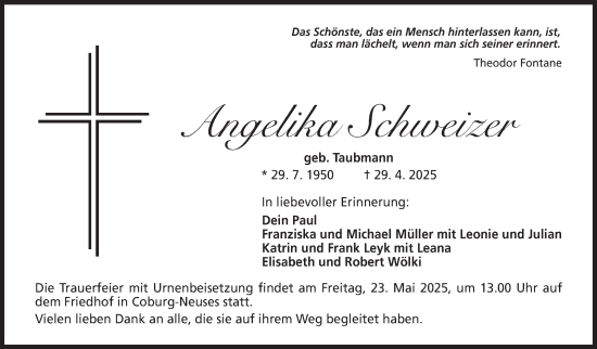 Traueranzeige von Angelika Schweizer von Neue Presse Coburg