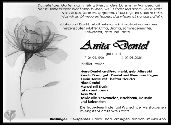 Traueranzeige von Anita Dentel von Südthüringer Presse