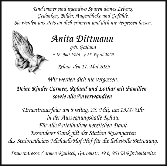 Traueranzeige von Anita Dittmann von Frankenpost