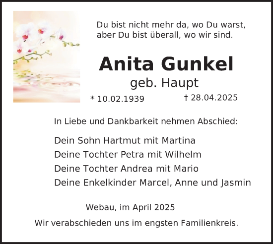 Traueranzeige von Anita Gunkel von Südthüringer Presse