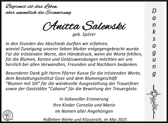 Traueranzeige von Anitta Salenski von Südthüringer Presse