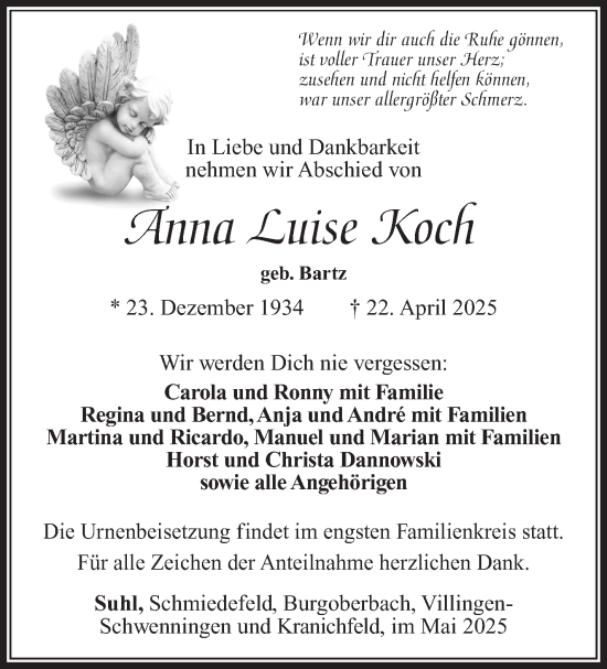 Traueranzeige von Anna Luise Koch von Südthüringer Presse