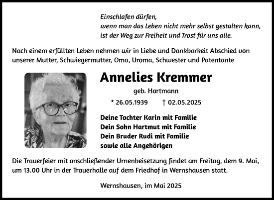Traueranzeige von Annelies Kremmer von Südthüringer Presse