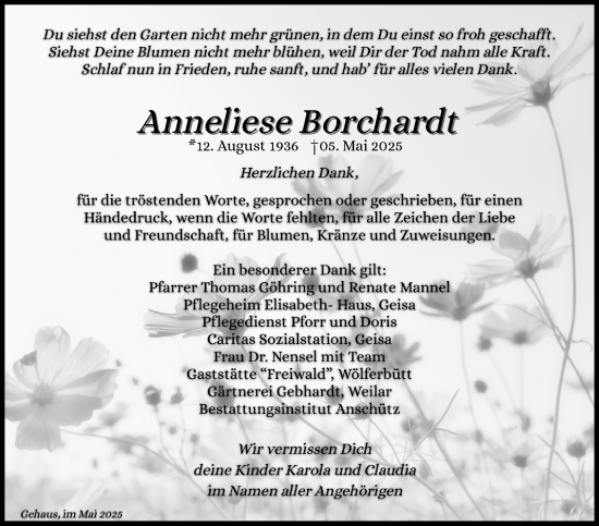 Traueranzeige von Anneliese Borchardt von Südthüringer Presse