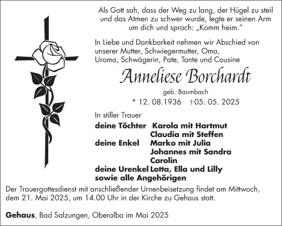 Traueranzeige von Anneliese Borchardt von Südthüringer Presse