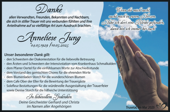 Traueranzeige von Anneliese Jung von Südthüringer Presse