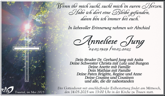 Traueranzeige von Anneliese Jung von Südthüringer Presse