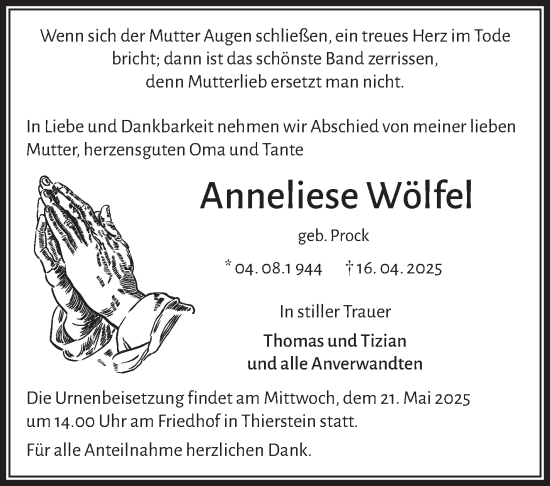 Traueranzeige von Anneliese Wölfel von Frankenpost