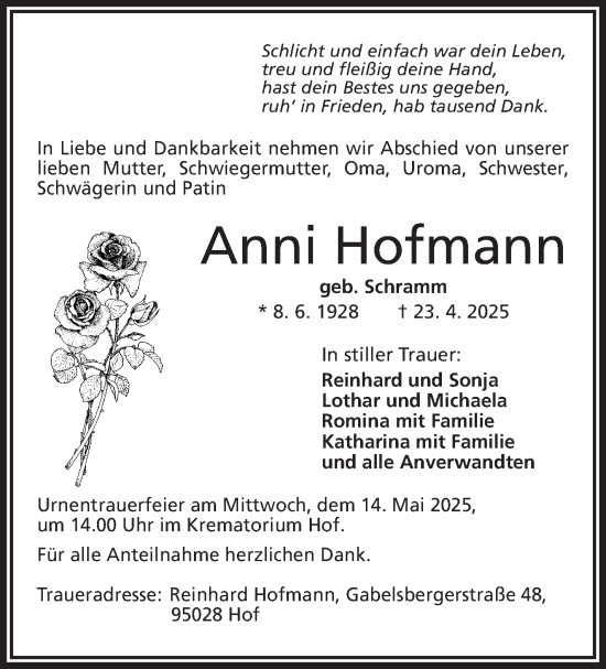 Traueranzeige von Anni Hofmann von Frankenpost