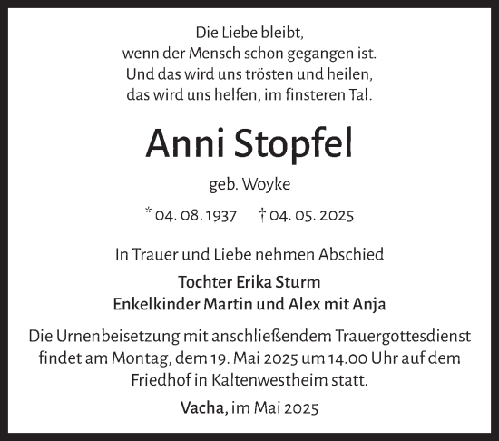 Traueranzeige von Anni Stopfel von Südthüringer Presse