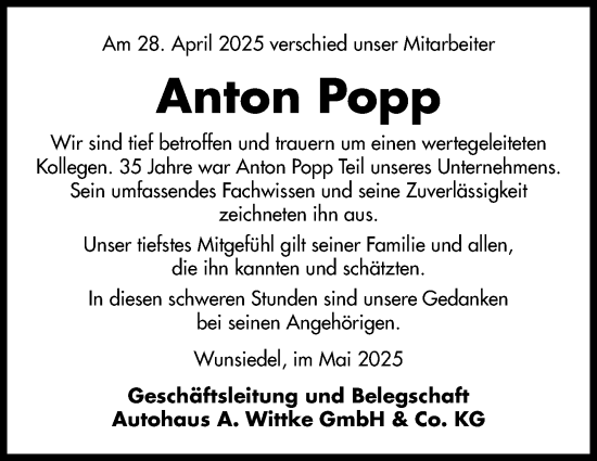 Traueranzeige von Anton Popp von Frankenpost