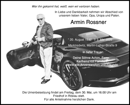 Traueranzeige von Armin Rossner von Frankenpost