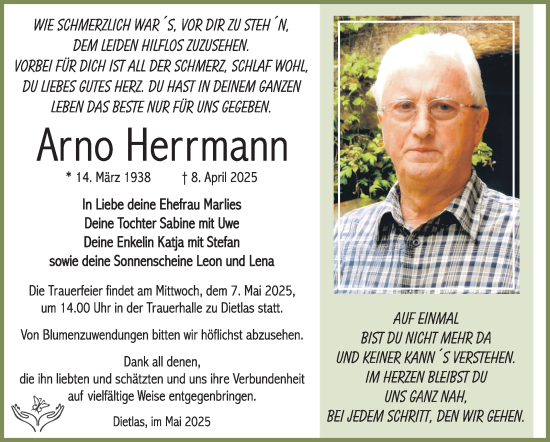 Traueranzeige von Arno Herrmann von Südthüringer Presse