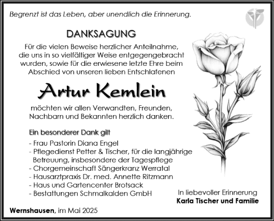 Traueranzeige von Artur Kemlein von Südthüringer Presse