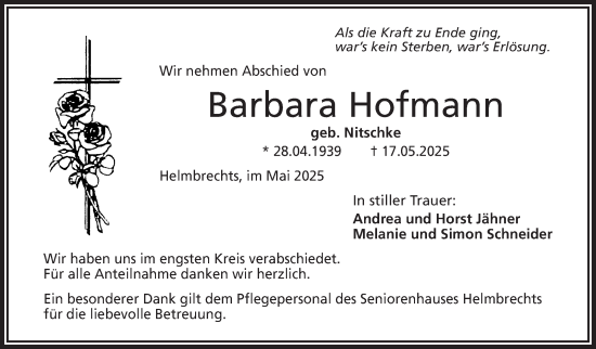 Traueranzeige von Barbara Hofmann von Frankenpost