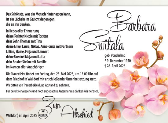 Traueranzeige von Barbara Switala von Südthüringer Presse