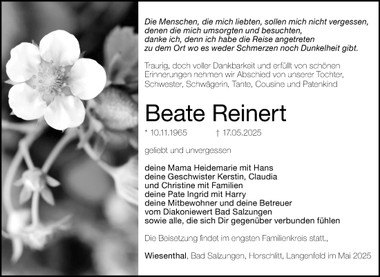 Traueranzeige von Beate Reinert von Südthüringer Presse