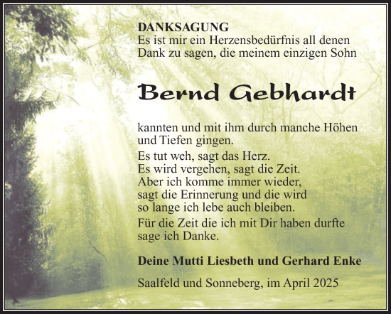 Traueranzeige von Bernd Gebhardt von Südthüringer Presse