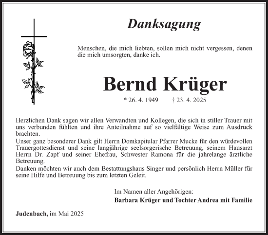 Traueranzeige von Bernd Krüger von Südthüringer Presse