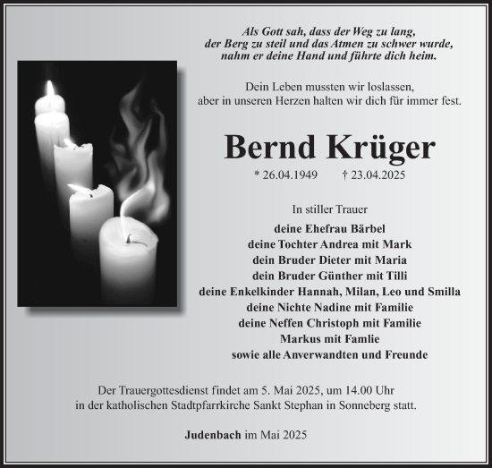 Traueranzeige von Bernd Krüger von Südthüringer Presse