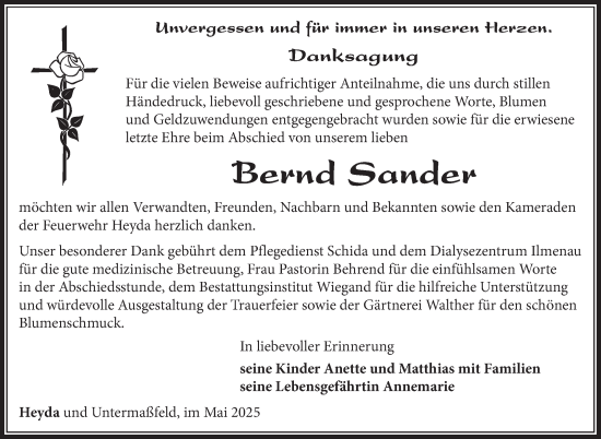Traueranzeige von Bernd Sander von Südthüringer Presse