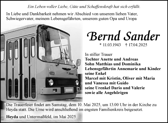 Traueranzeige von Bernd Sander von Südthüringer Presse