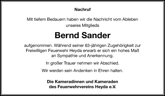 Traueranzeige von Bernd Sander von Südthüringer Presse