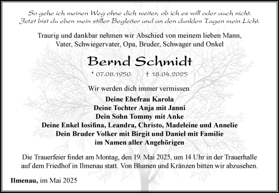 Traueranzeige von Bernd Schmidt von Südthüringer Presse