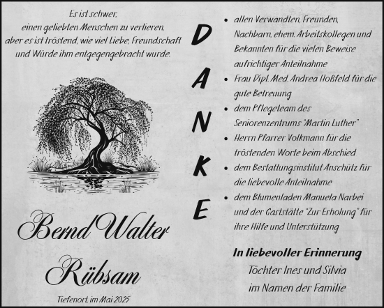 Traueranzeige von Bernd Walter Rübsam von Südthüringer Presse