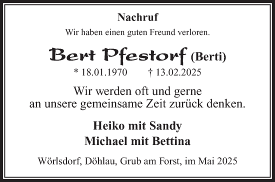 Traueranzeige von Bert Pfestorf von Südthüringer Presse
