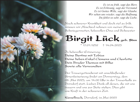 Traueranzeige von Birgit Lück von Südthüringer Presse
