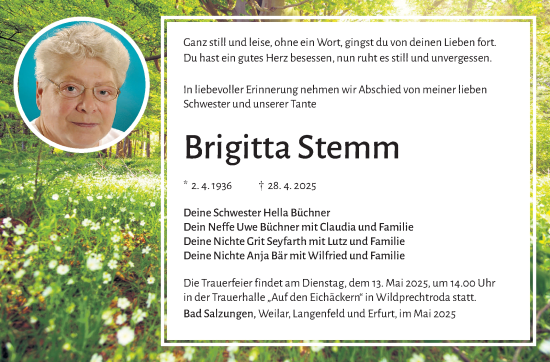Traueranzeige von Brigitta Stemm von Südthüringer Presse