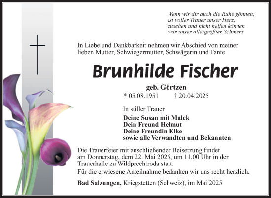 Traueranzeige von Brunhilde Fischer von Südthüringer Presse