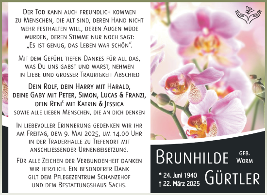Traueranzeige von Brunhilde Gürtler von Südthüringer Presse