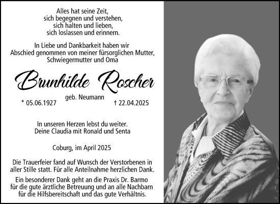 Traueranzeige von Brunhilde Roscher von Neue Presse Coburg