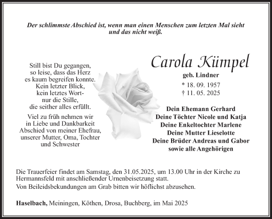 Traueranzeige von Carola Kümpel von Südthüringer Presse